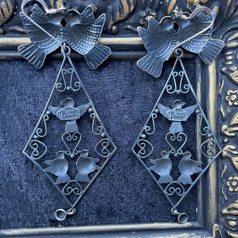 Mexican Sterling Silver Filigree Bird Earrings 925 - Picture 5 of 7